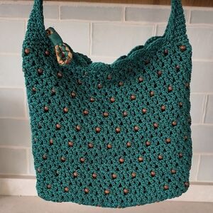 The Sak Teal Crochet Bag with Wooden Bead Accents